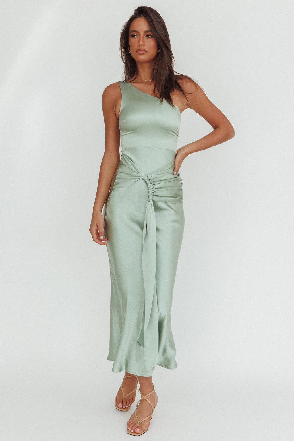 Luli One-Shoulder Waist Sash Maxi Dress Sage by Selfie Leslie Australia