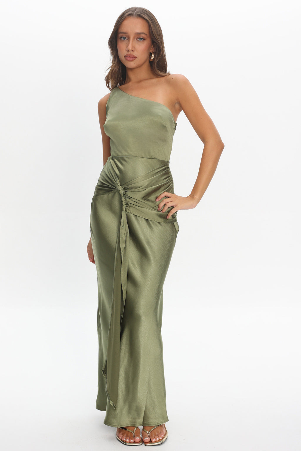 Luli One-Shoulder Waist Sash Maxi Dress Olive by Selfie Leslie Australia
