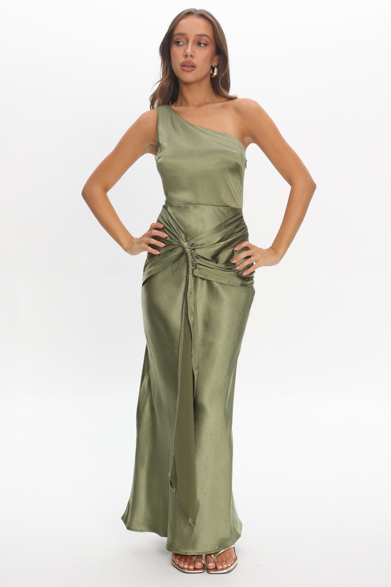 Luli One-Shoulder Waist Sash Maxi Dress Olive by Selfie Leslie Australia