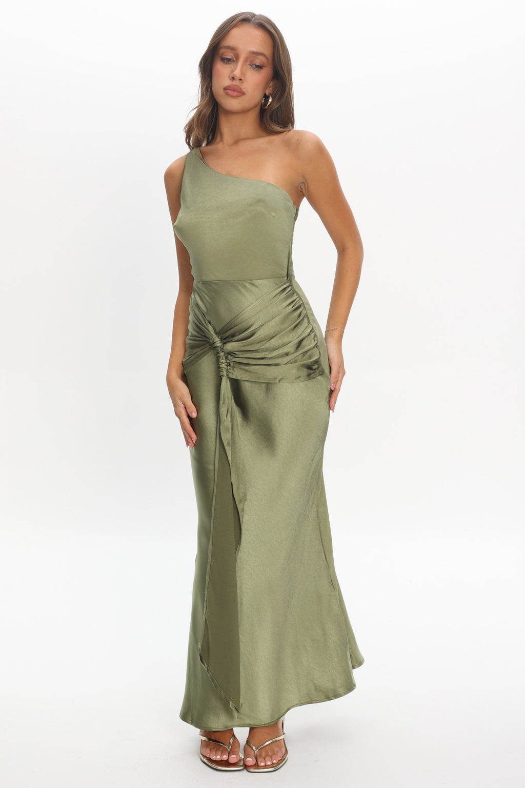 Luli One-Shoulder Waist Sash Maxi Dress Olive by Selfie Leslie Australia