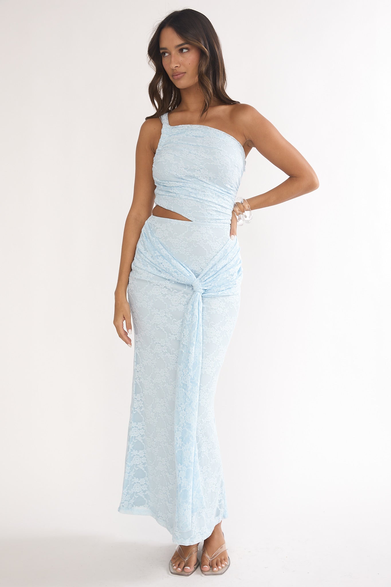 Luli One-Shoulder Cut-Out Maxi Dress Textured Light Blue by Selfie Leslie Australia