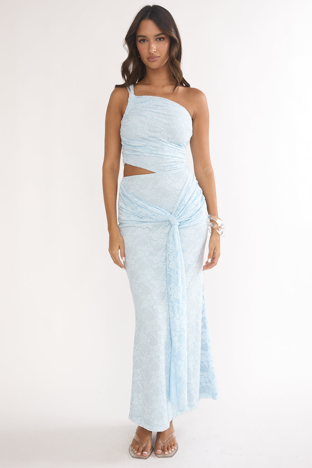 Luli One-Shoulder Cut-Out Maxi Dress Textured Light Blue by Selfie Leslie Australia