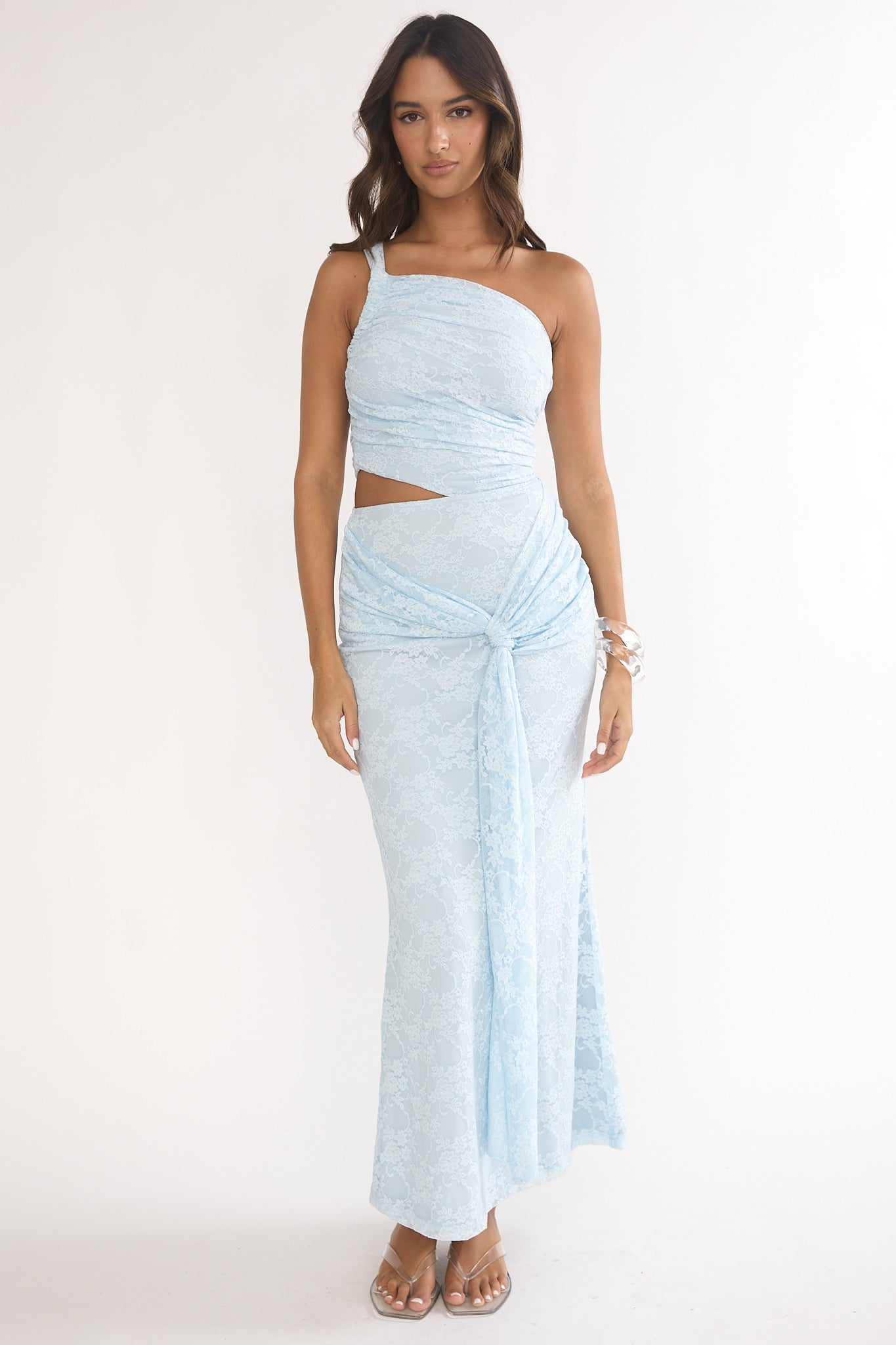 Luli One-Shoulder Cut-Out Maxi Dress Textured Light Blue by Selfie Leslie Australia