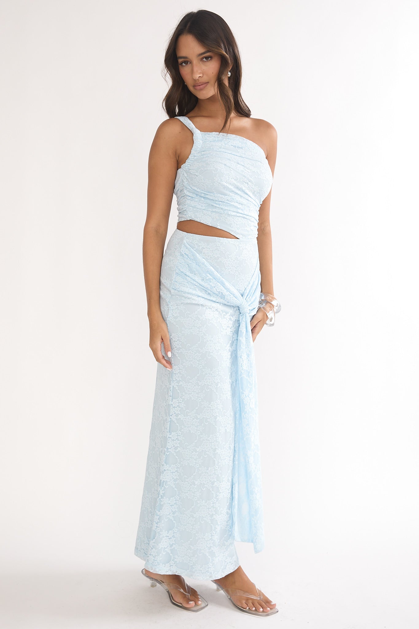 Luli One-Shoulder Cut-Out Maxi Dress Textured Light Blue by Selfie Leslie Australia