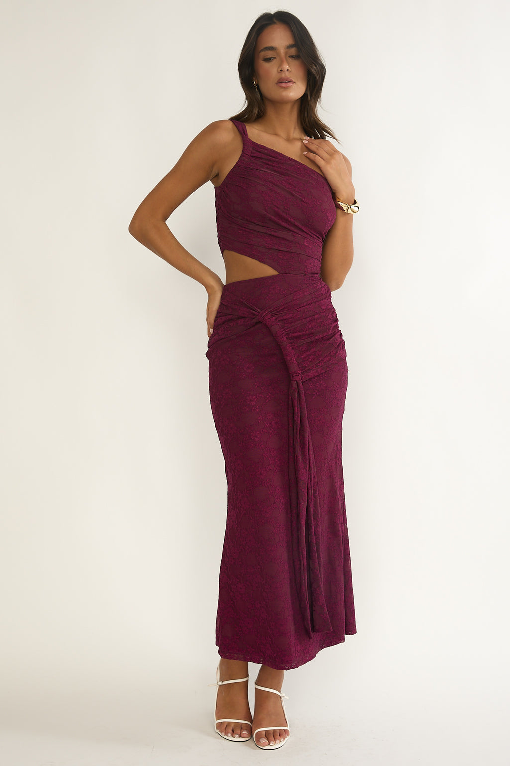Luli One-Shoulder Cut-Out Maxi Dress Textured Plum by Selfie Leslie Australia