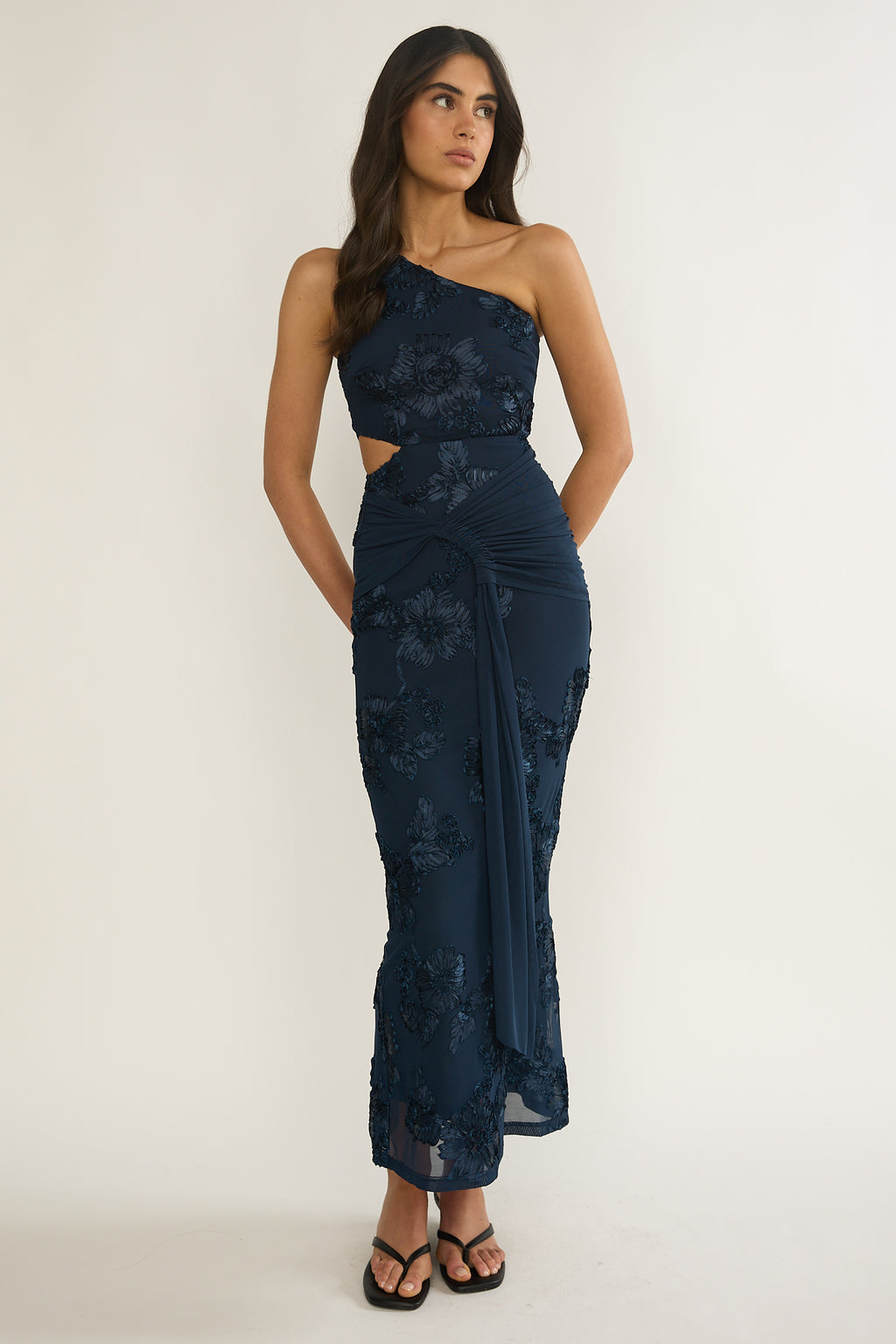 Luli One-Shoulder Cut-Out Maxi Dress Textured Navy by Selfie Leslie Australia