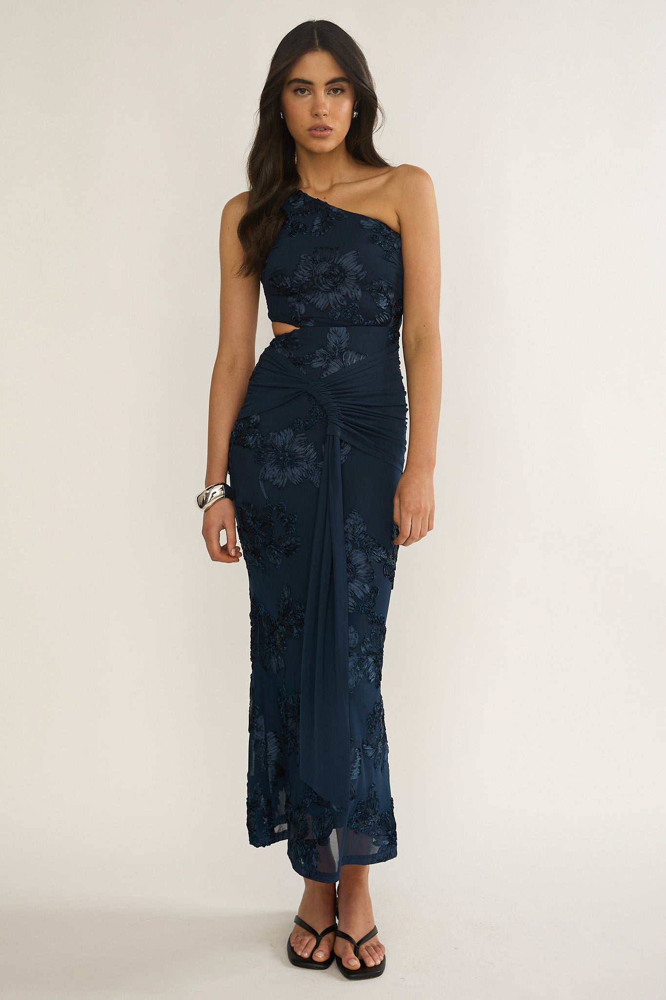 Luli One-Shoulder Cut-Out Maxi Dress Textured Navy by Selfie Leslie Australia