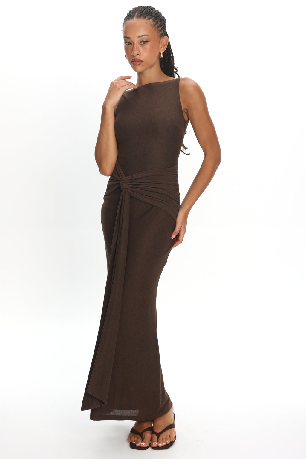Luli Boat Neck Sash Maxi Dress Chocolate by Selfie Leslie Australia