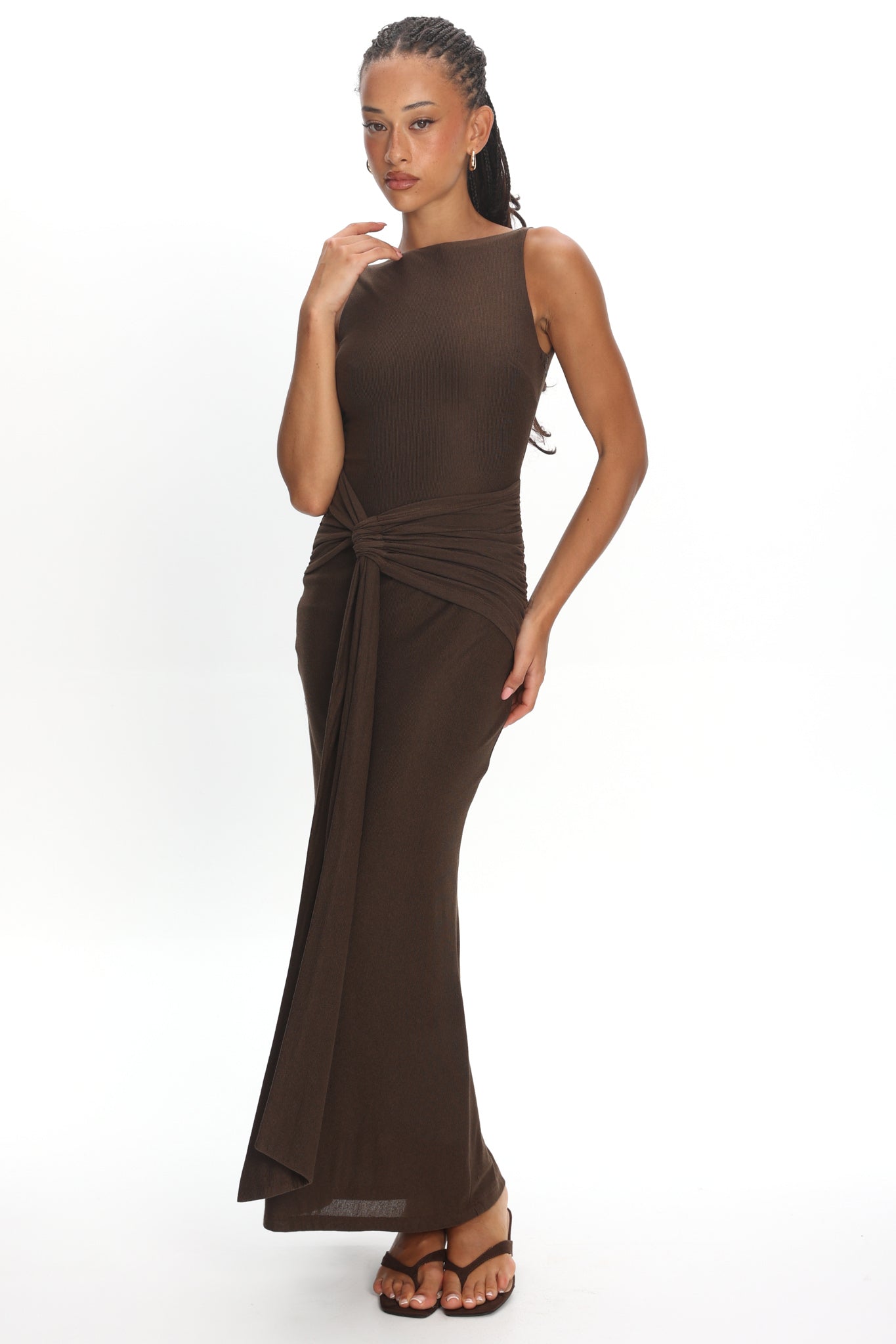 Luli Boat Neck Sash Maxi Dress Chocolate by Selfie Leslie Australia