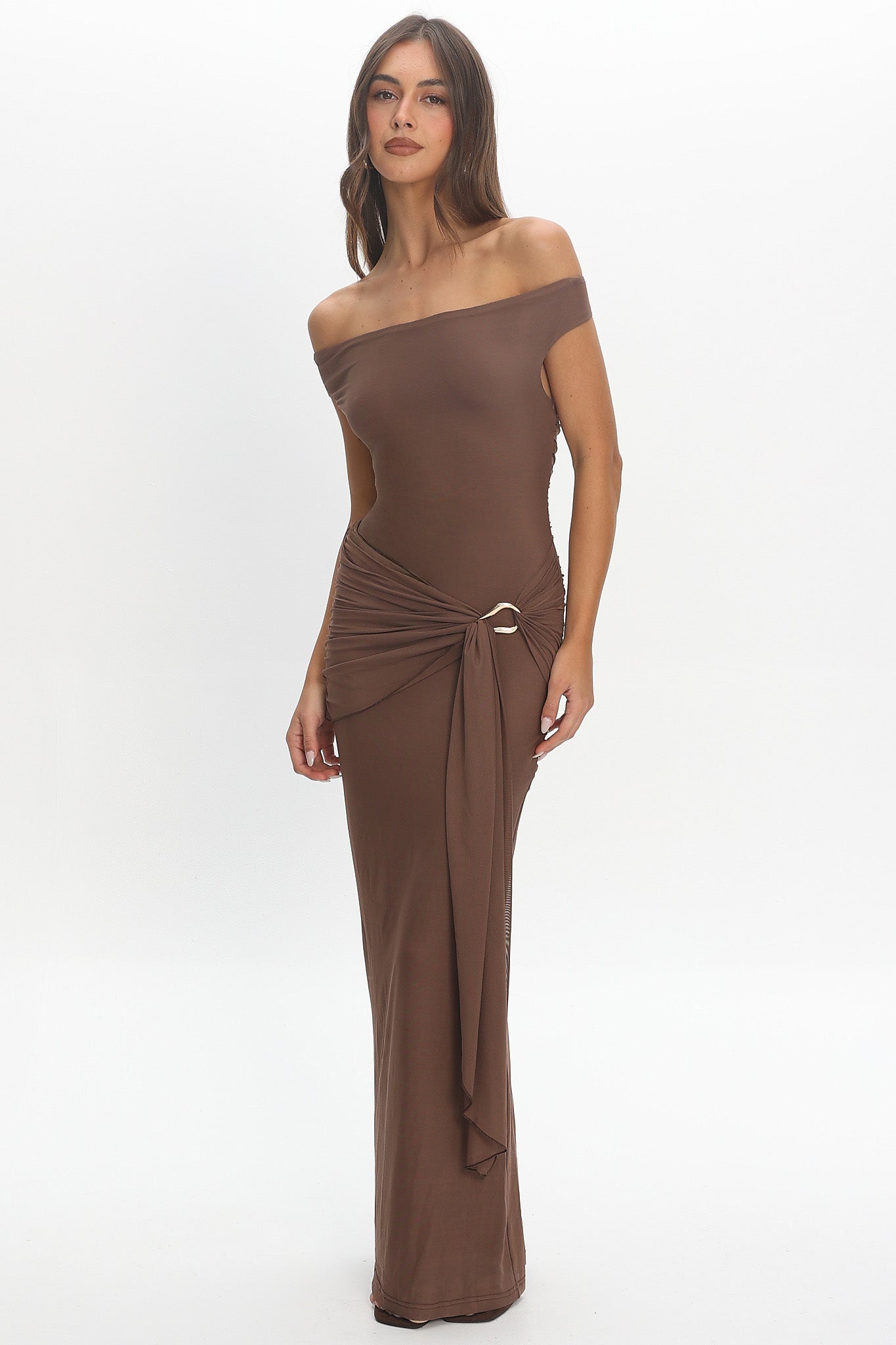 Luli Boat Neck Sash Maxi Dress Cocoa
