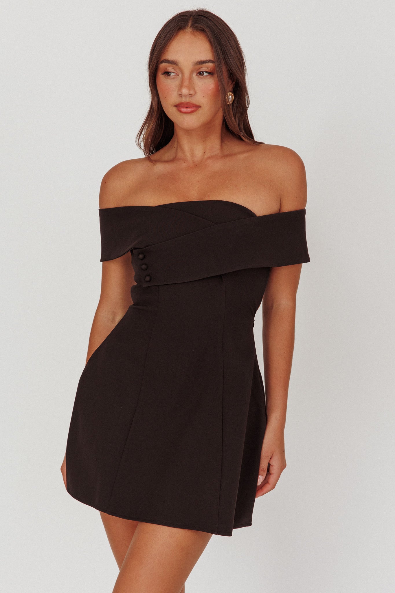 Midnight Moment Off-Shoulder Crossover Mini Dress Black by Selfie Leslie Australia