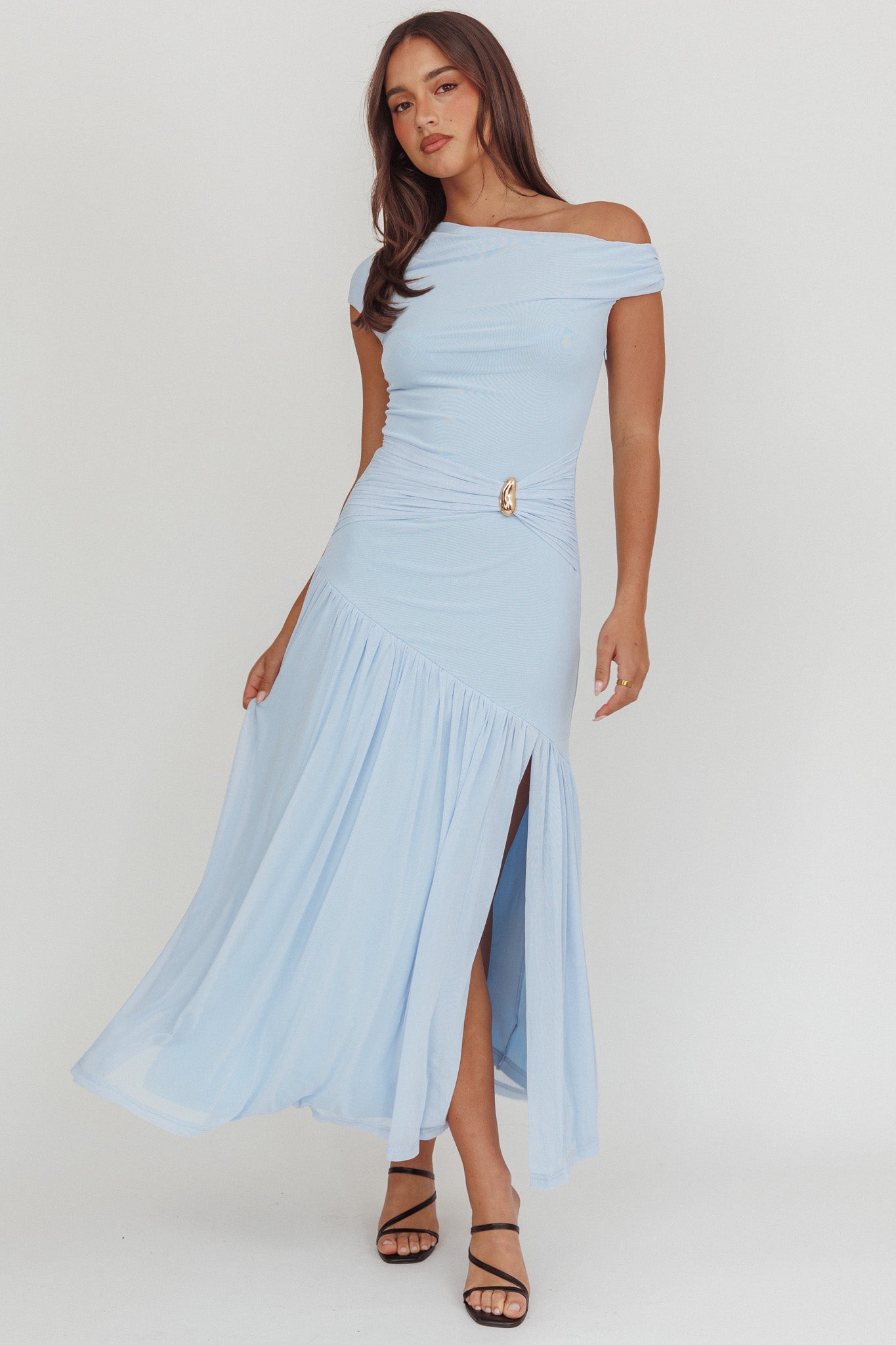 Azure Sun Asymmetric Neckline Split Maxi Dress Blue by Selfie Leslie Australia