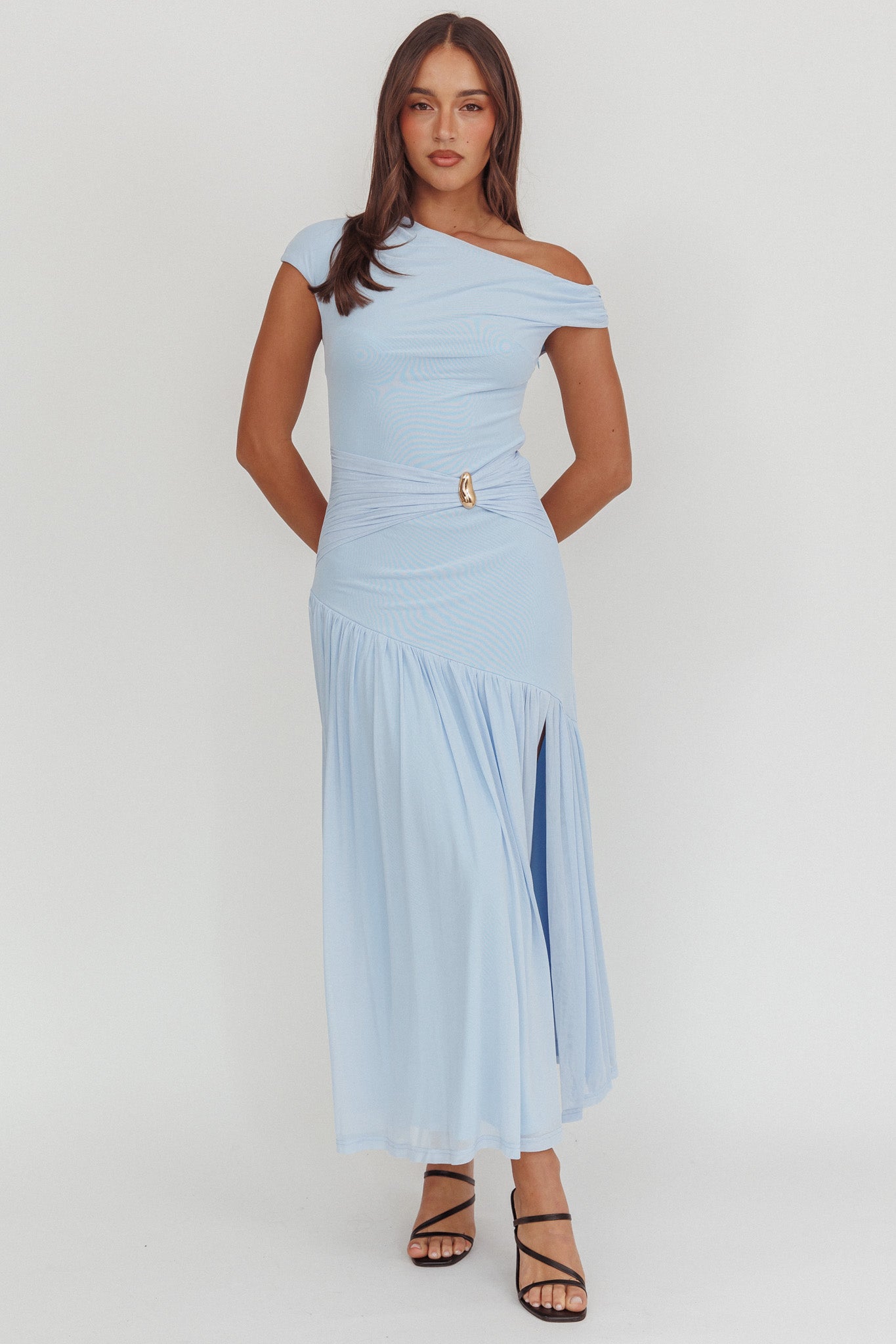 Azure Sun Asymmetric Neckline Split Maxi Dress Blue by Selfie Leslie Australia