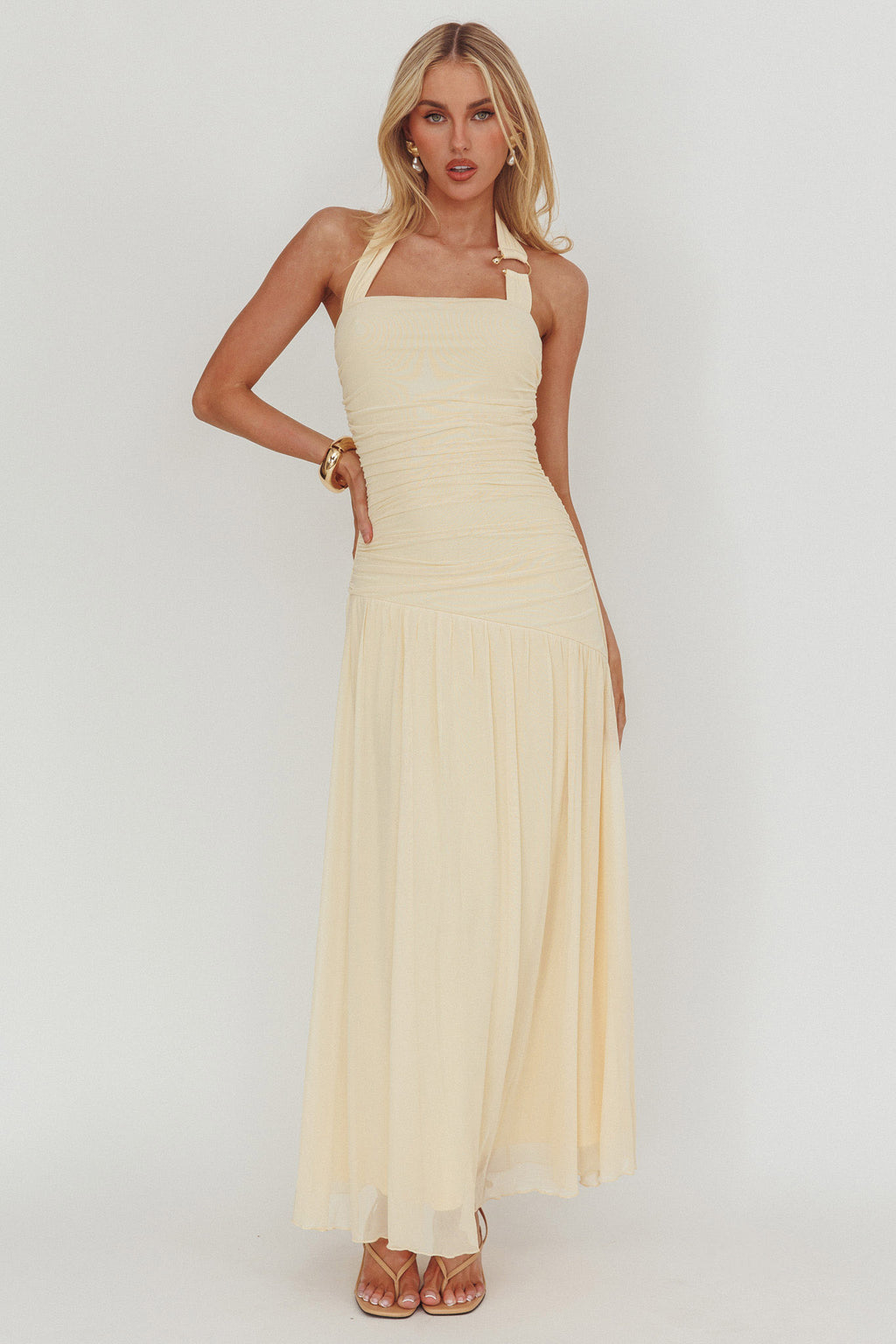 Azure Sun Halterneck Drop Waist Maxi Dress Yellow by Selfie Leslie Australia
