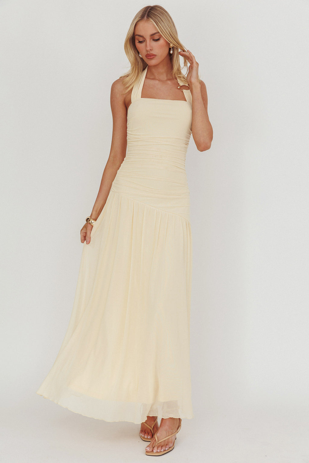 Azure Sun Halterneck Drop Waist Maxi Dress Yellow by Selfie Leslie Australia