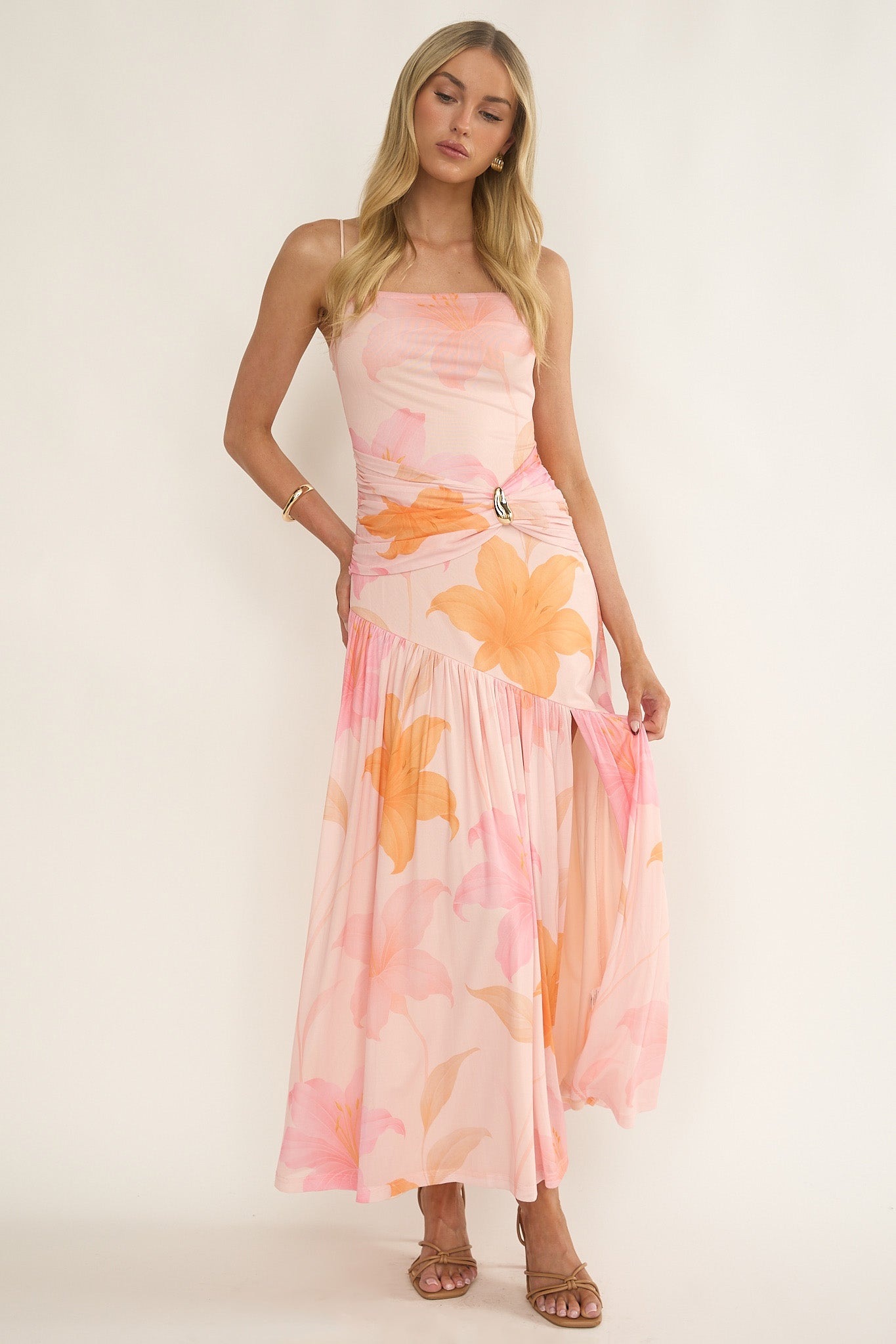 Azure Sun Drop Waist Split Maxi Dress Print Orange by Selfie Leslie Australia