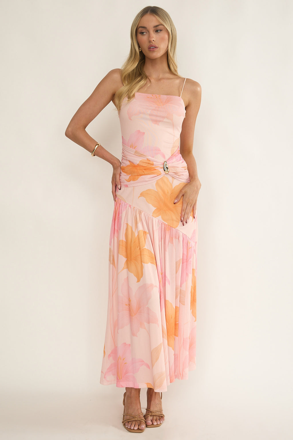 Azure Sun Drop Waist Split Maxi Dress Print Orange by Selfie Leslie Australia