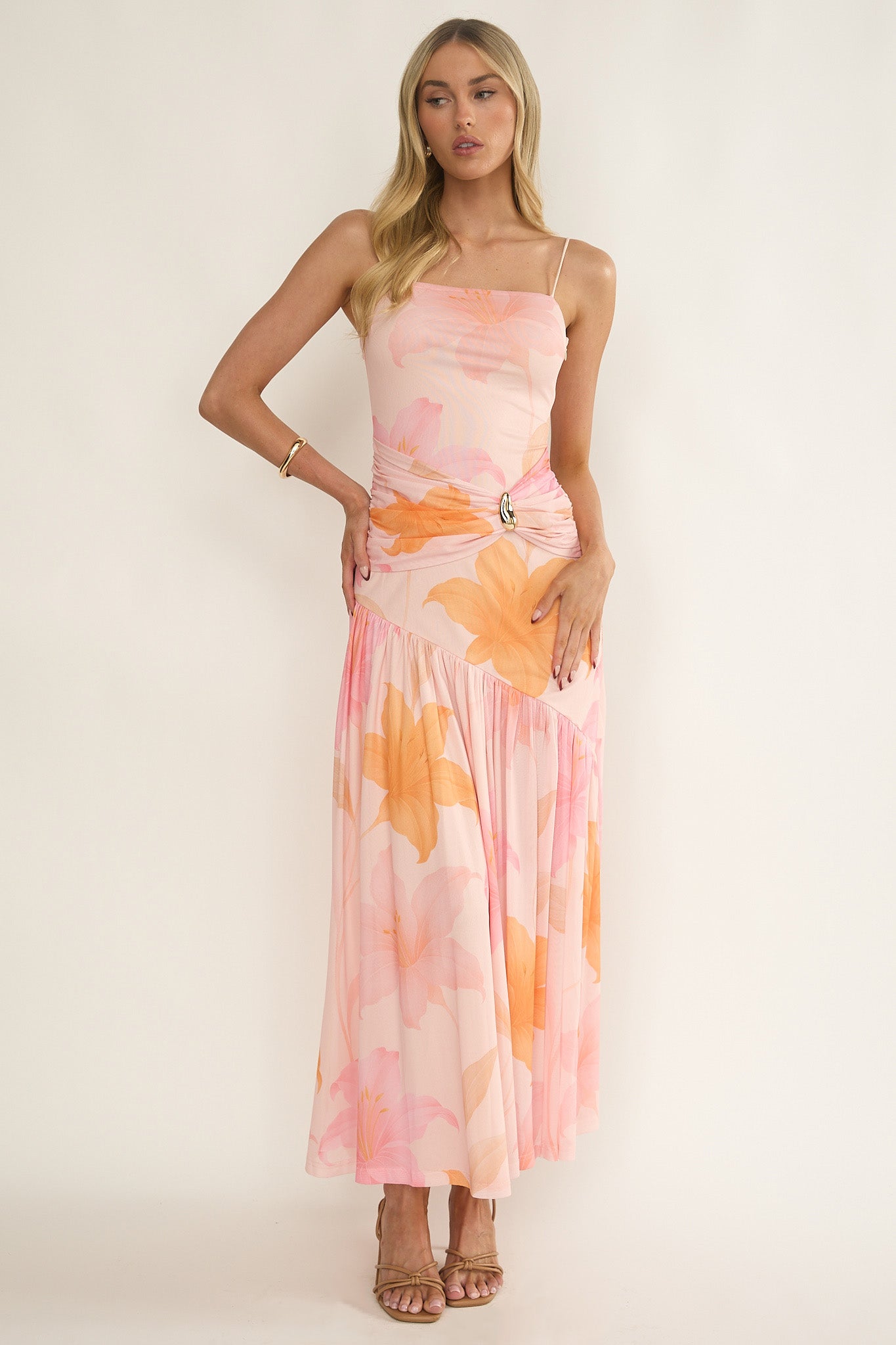 Azure Sun Drop Waist Split Maxi Dress Print Orange by Selfie Leslie Australia