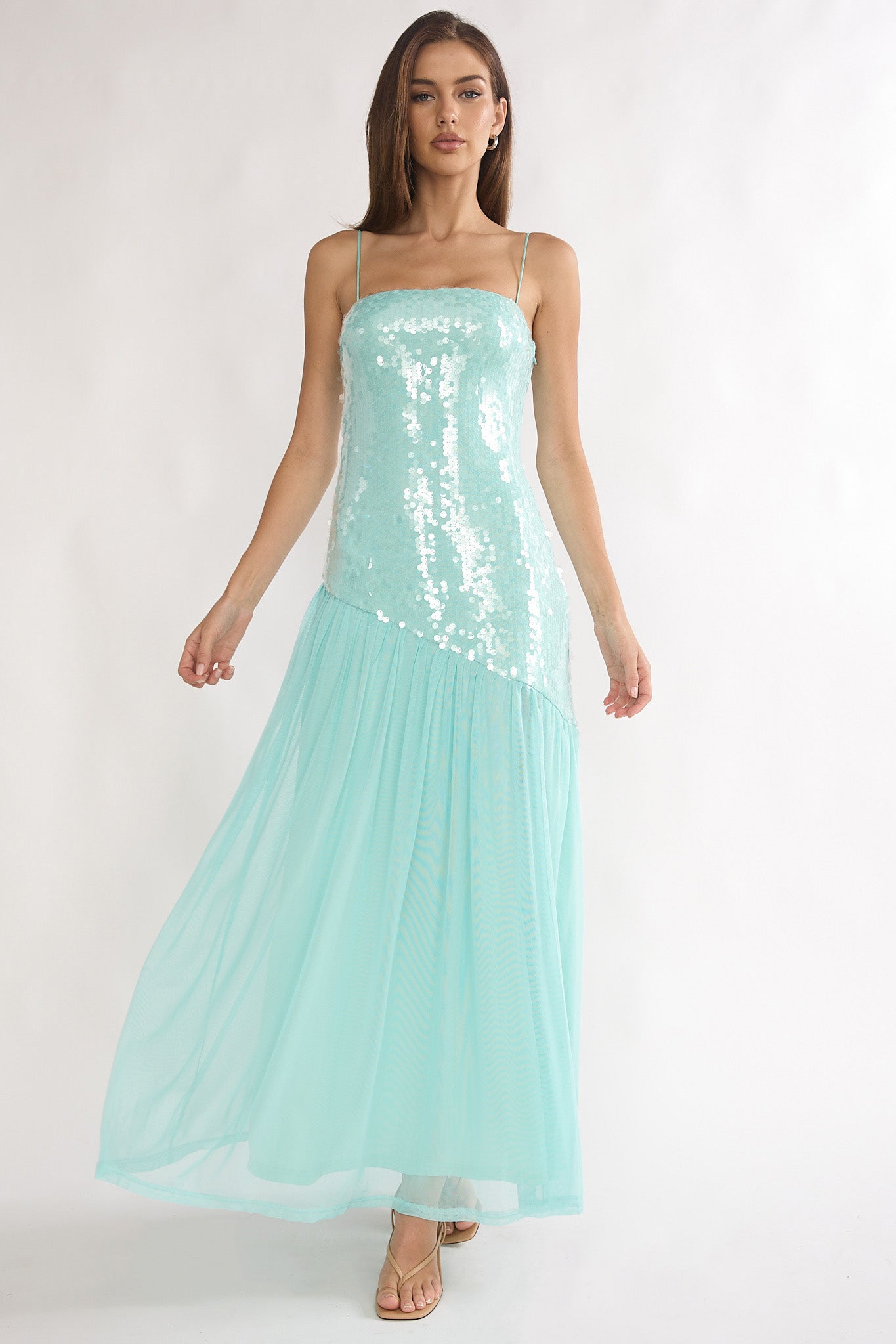 Azure Sun Drop Waist Split Maxi Dress Sequin Aqua by Selfie Leslie Australia