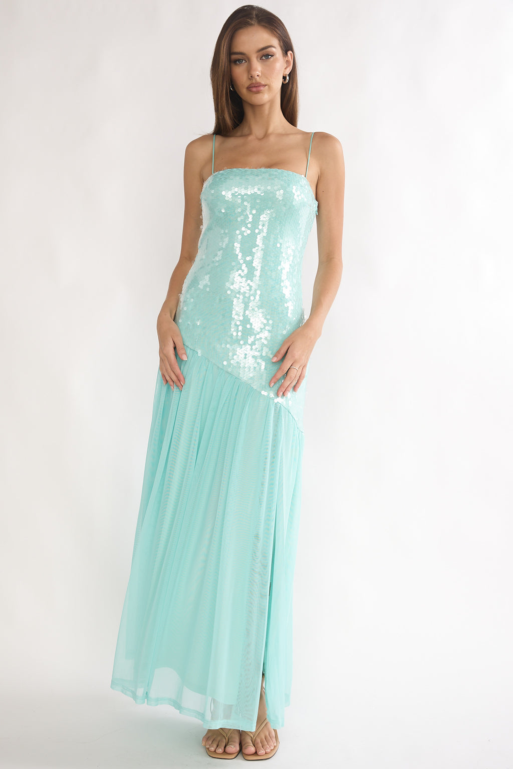 Azure Sun Drop Waist Split Maxi Dress Sequin Aqua by Selfie Leslie Australia