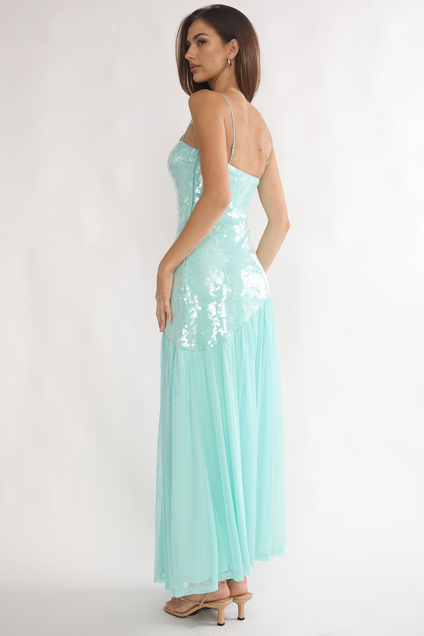 Azure Sun Drop Waist Split Maxi Dress Sequin Aqua by Selfie Leslie Australia