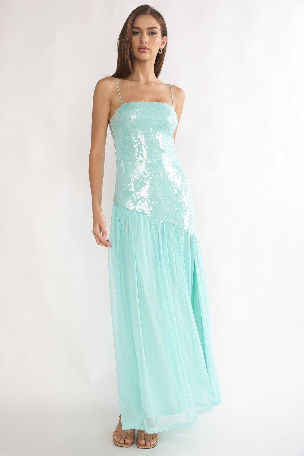 Azure Sun Drop Waist Split Maxi Dress Sequin Aqua by Selfie Leslie Australia