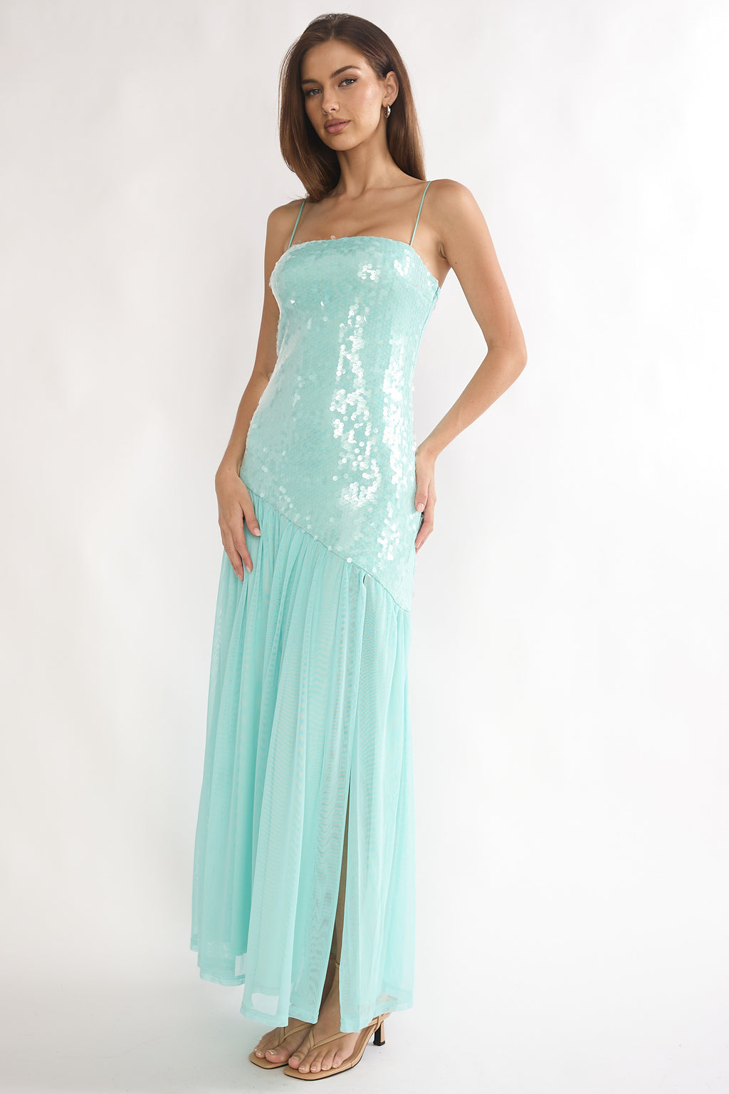 Azure Sun Drop Waist Split Maxi Dress Sequin Aqua by Selfie Leslie Australia