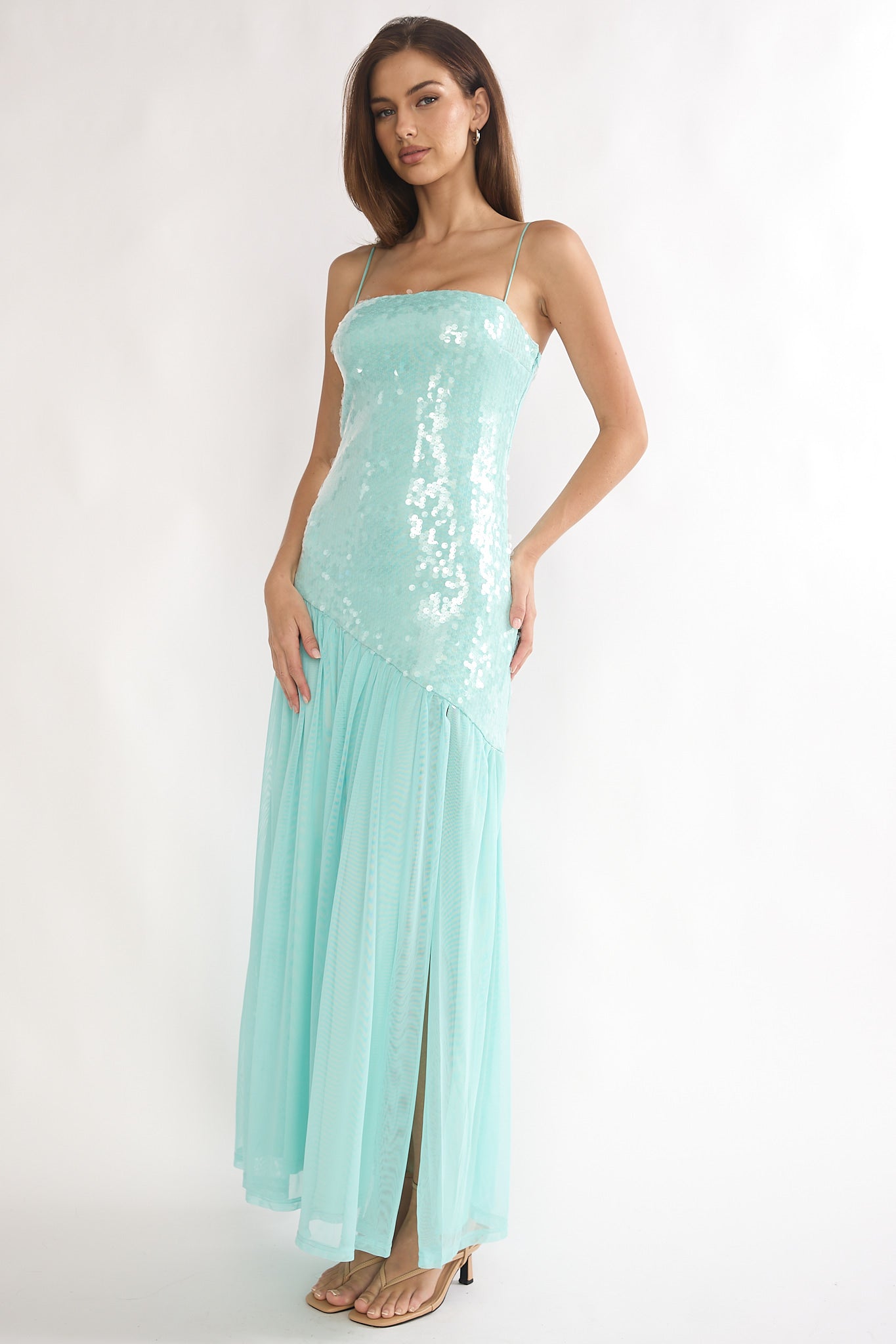 Azure Sun Drop Waist Split Maxi Dress Sequin Aqua by Selfie Leslie Australia