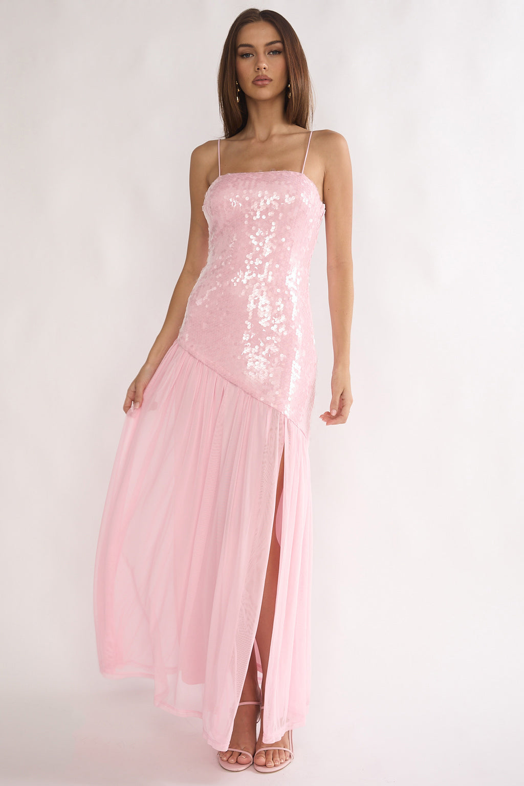 Azure Sun Drop Waist Split Maxi Dress Sequin Pink by Selfie Leslie Australia