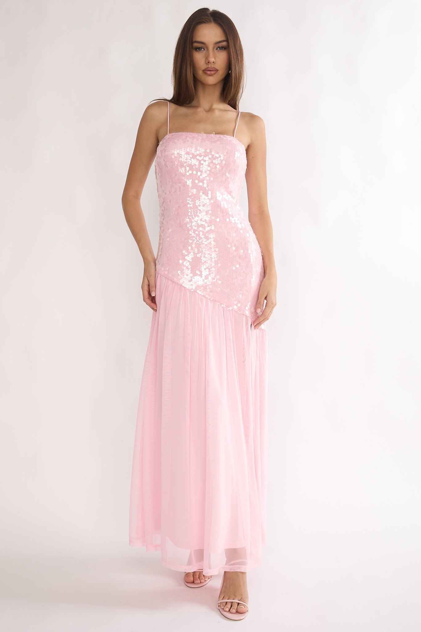 Azure Sun Drop Waist Split Maxi Dress Sequin Pink by Selfie Leslie Australia