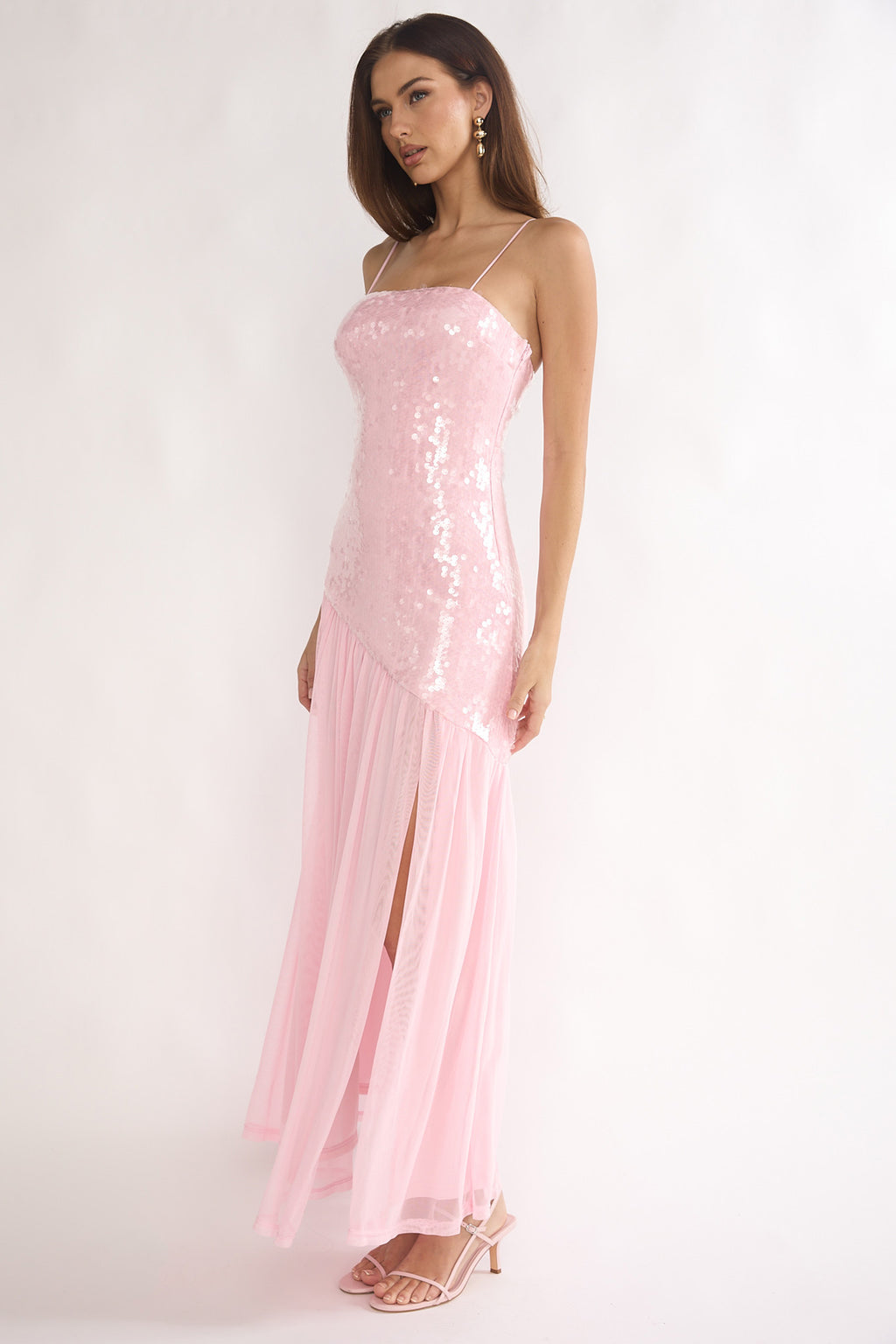 Azure Sun Drop Waist Split Maxi Dress Sequin Pink by Selfie Leslie Australia