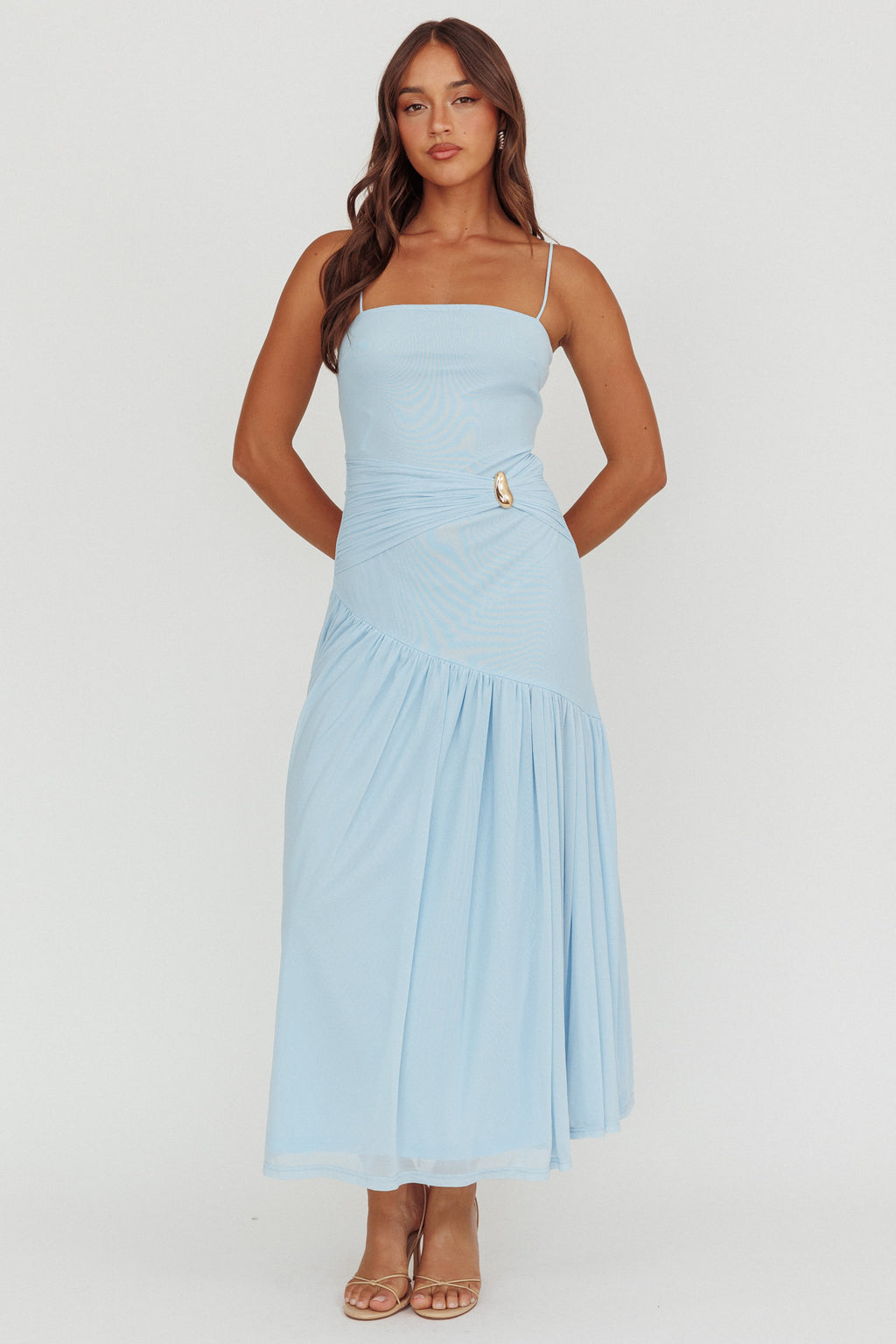 Azure Sun Drop Waist Split Maxi Dress Light Blue by Selfie Leslie Australia