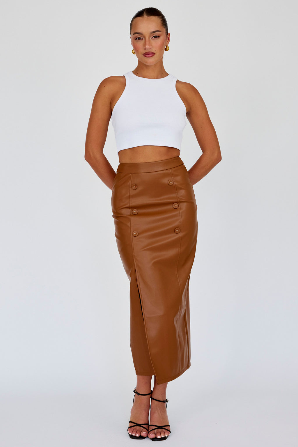 Kane Faux Leather Midi Skirt Brown by Selfie Leslie Australia