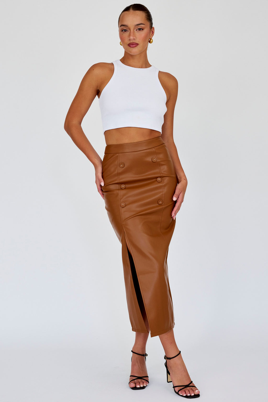 Kane Faux Leather Midi Skirt Brown by Selfie Leslie Australia
