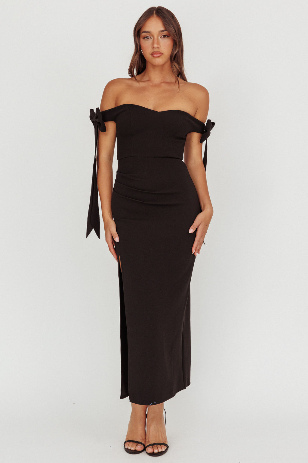 Have Faith Off-Shoulder Bow Sleeve Maxi Dress Black by Selfie Leslie Australia