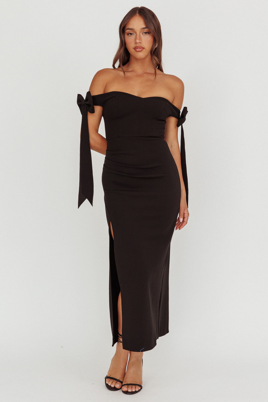 Have Faith Off-Shoulder Bow Sleeve Maxi Dress Black by Selfie Leslie Australia