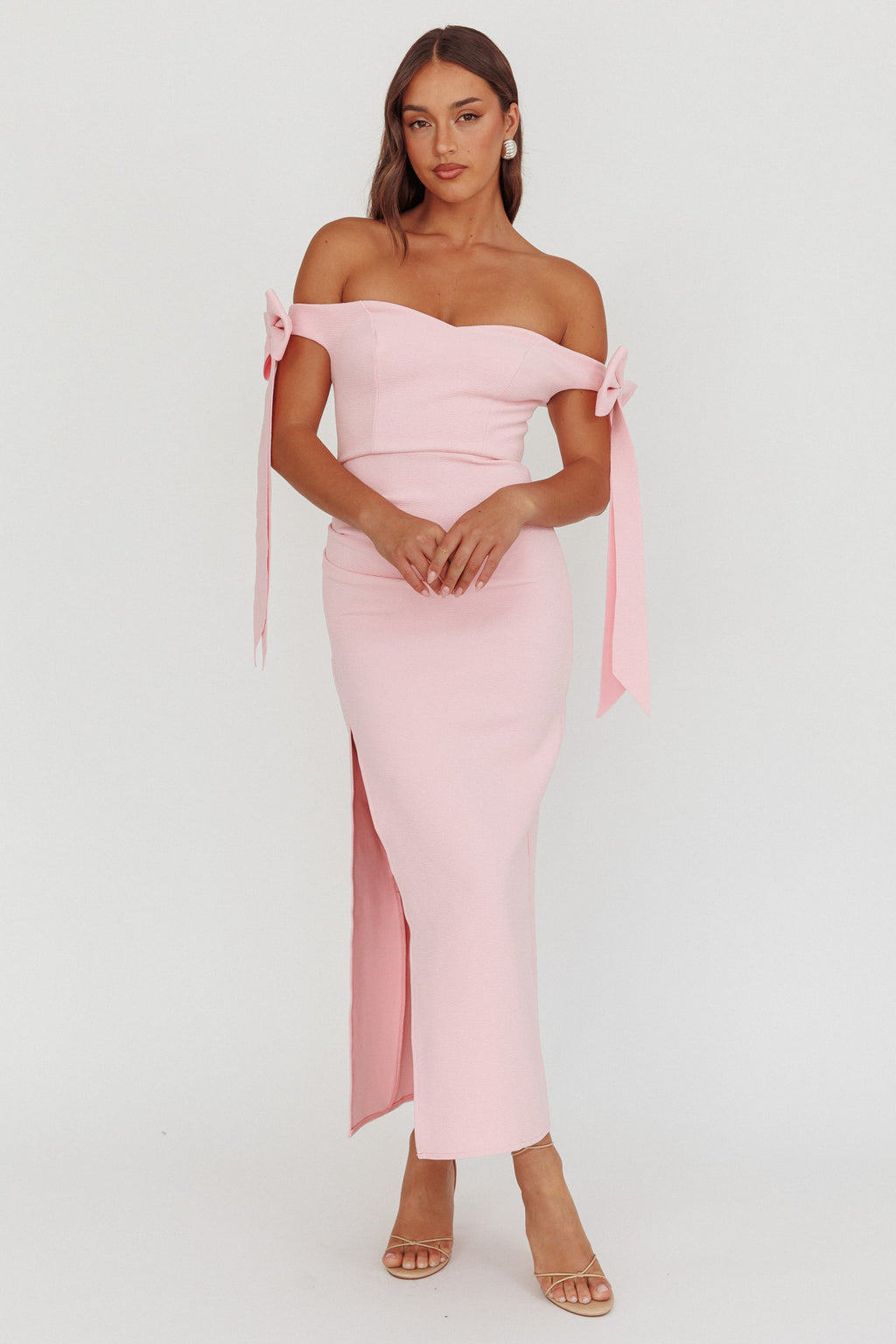 Have Faith Off-Shoulder Bow Sleeve Maxi Dress Baby Pink by Selfie Leslie Australia