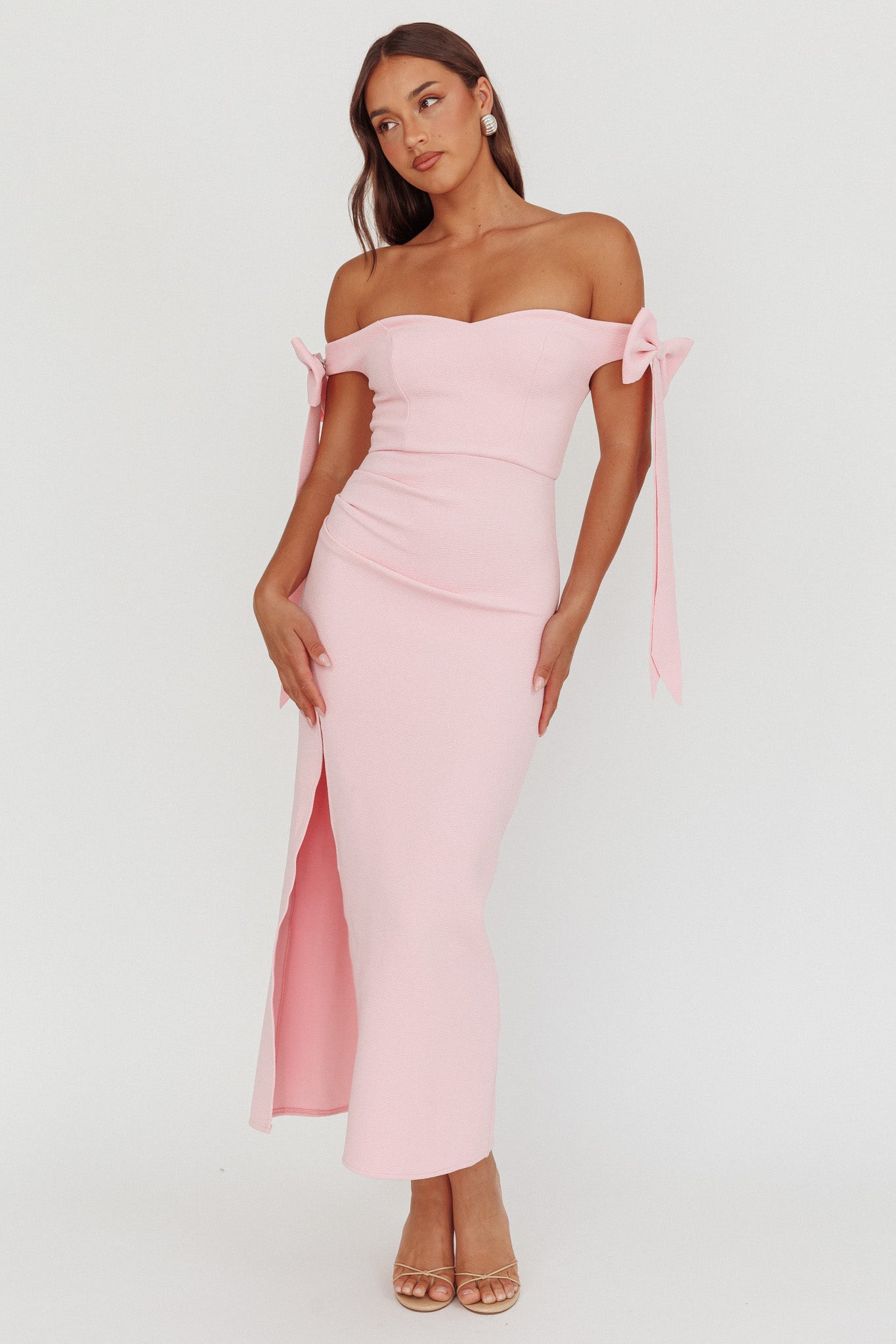 Have Faith Off-Shoulder Bow Sleeve Maxi Dress Baby Pink by Selfie Leslie Australia