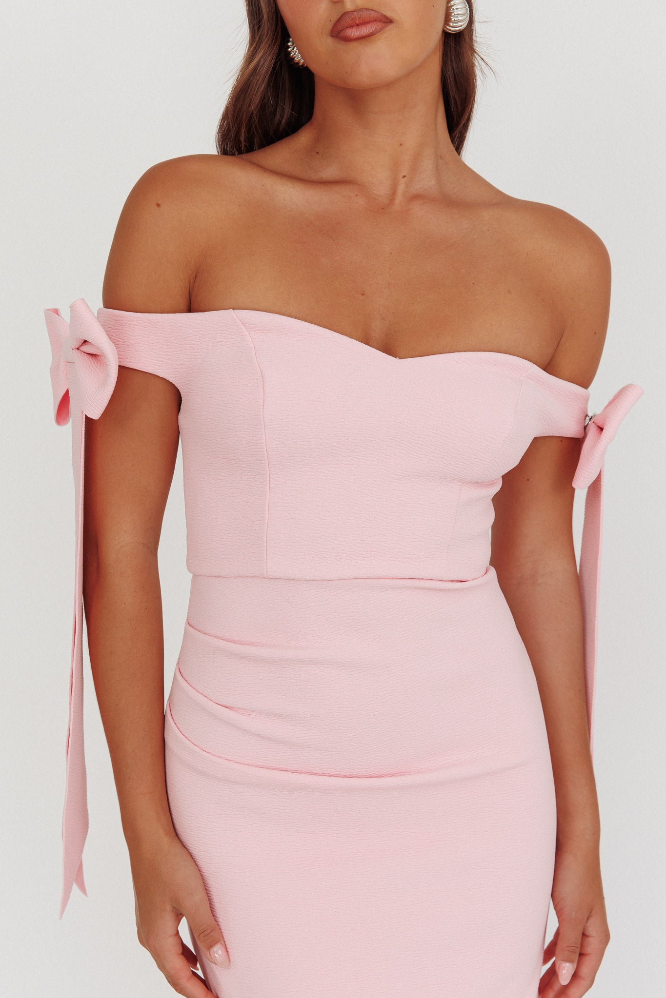 Have Faith Off-Shoulder Bow Sleeve Maxi Dress Baby Pink by Selfie Leslie Australia
