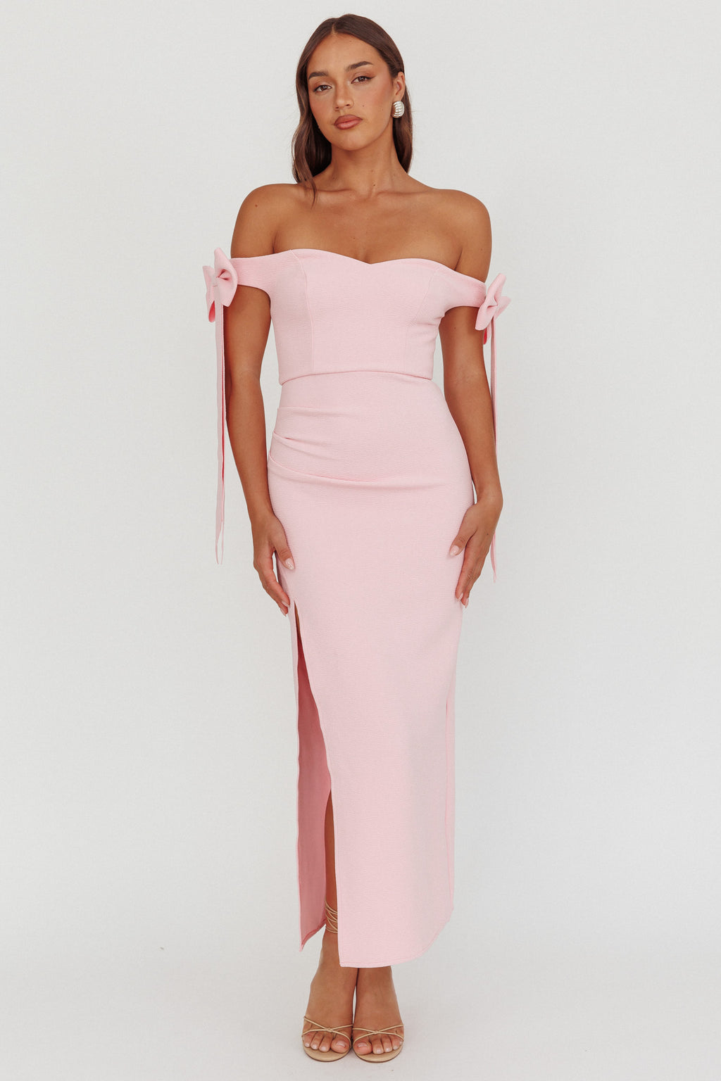 Have Faith Off-Shoulder Bow Sleeve Maxi Dress Baby Pink by Selfie Leslie Australia