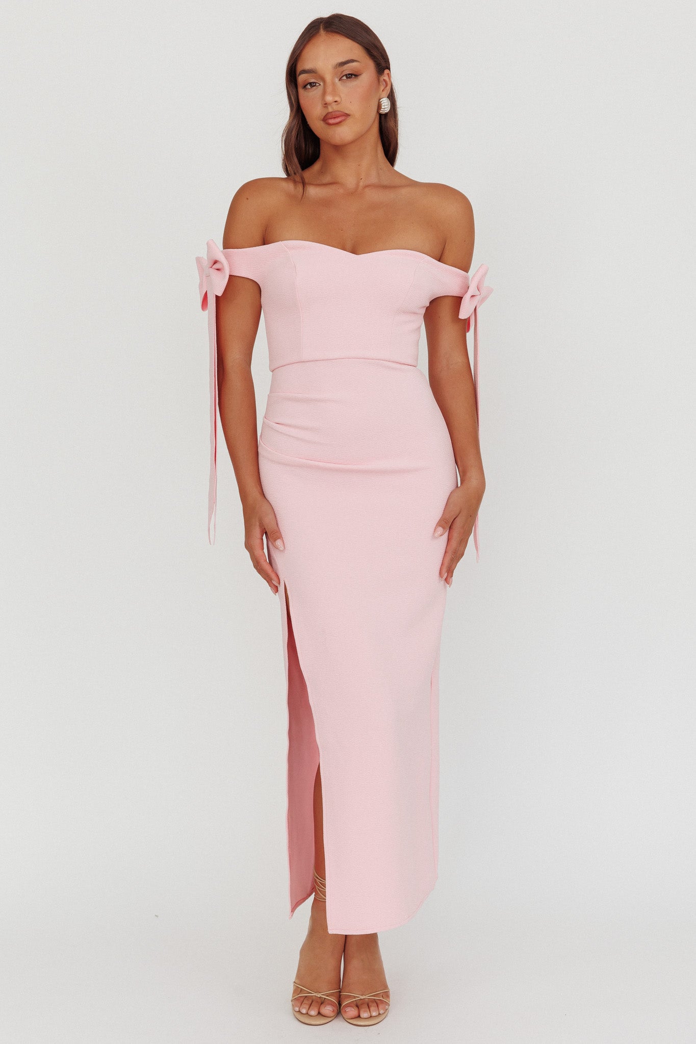 Have Faith Off-Shoulder Bow Sleeve Maxi Dress Baby Pink by Selfie Leslie Australia