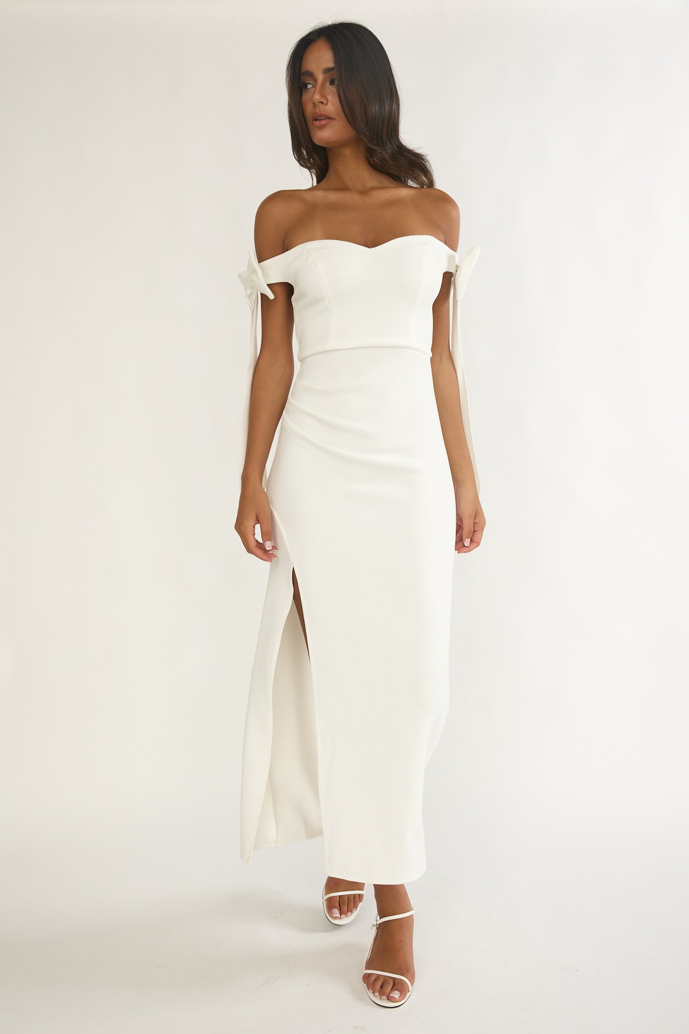 Have Faith Off-Shoulder Bow Sleeve Maxi Dress White by Selfie Leslie Australia
