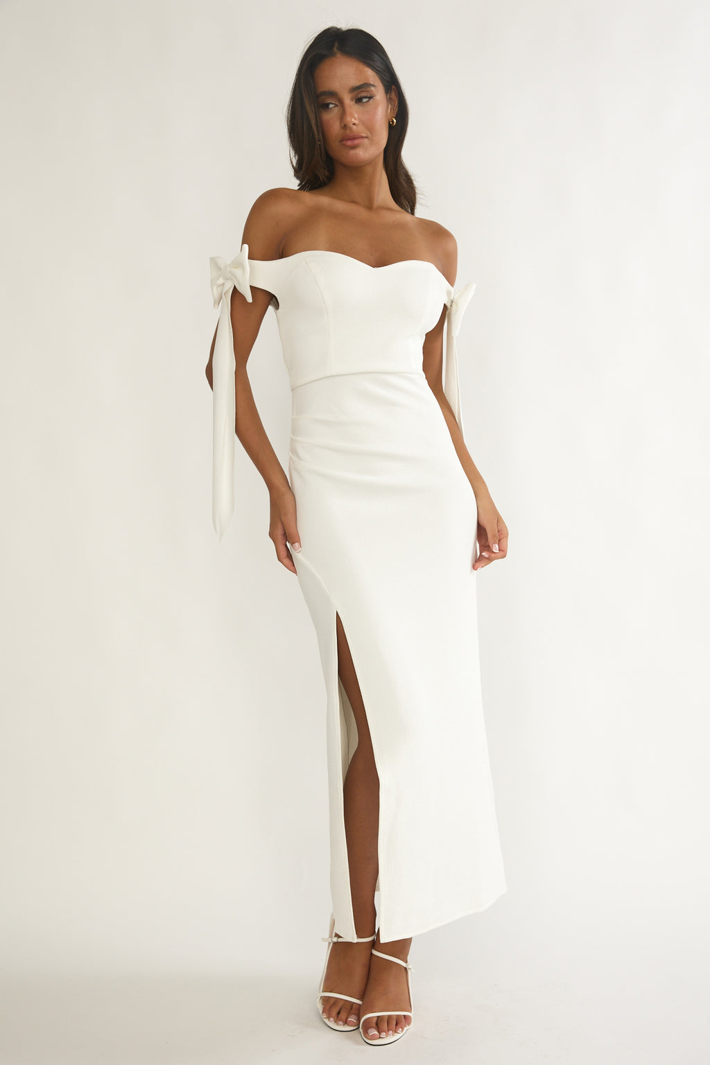 Have Faith Off-Shoulder Bow Sleeve Maxi Dress White by Selfie Leslie Australia