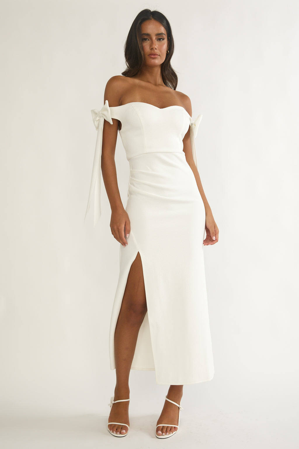 Have Faith Off-Shoulder Bow Sleeve Maxi Dress White by Selfie Leslie Australia