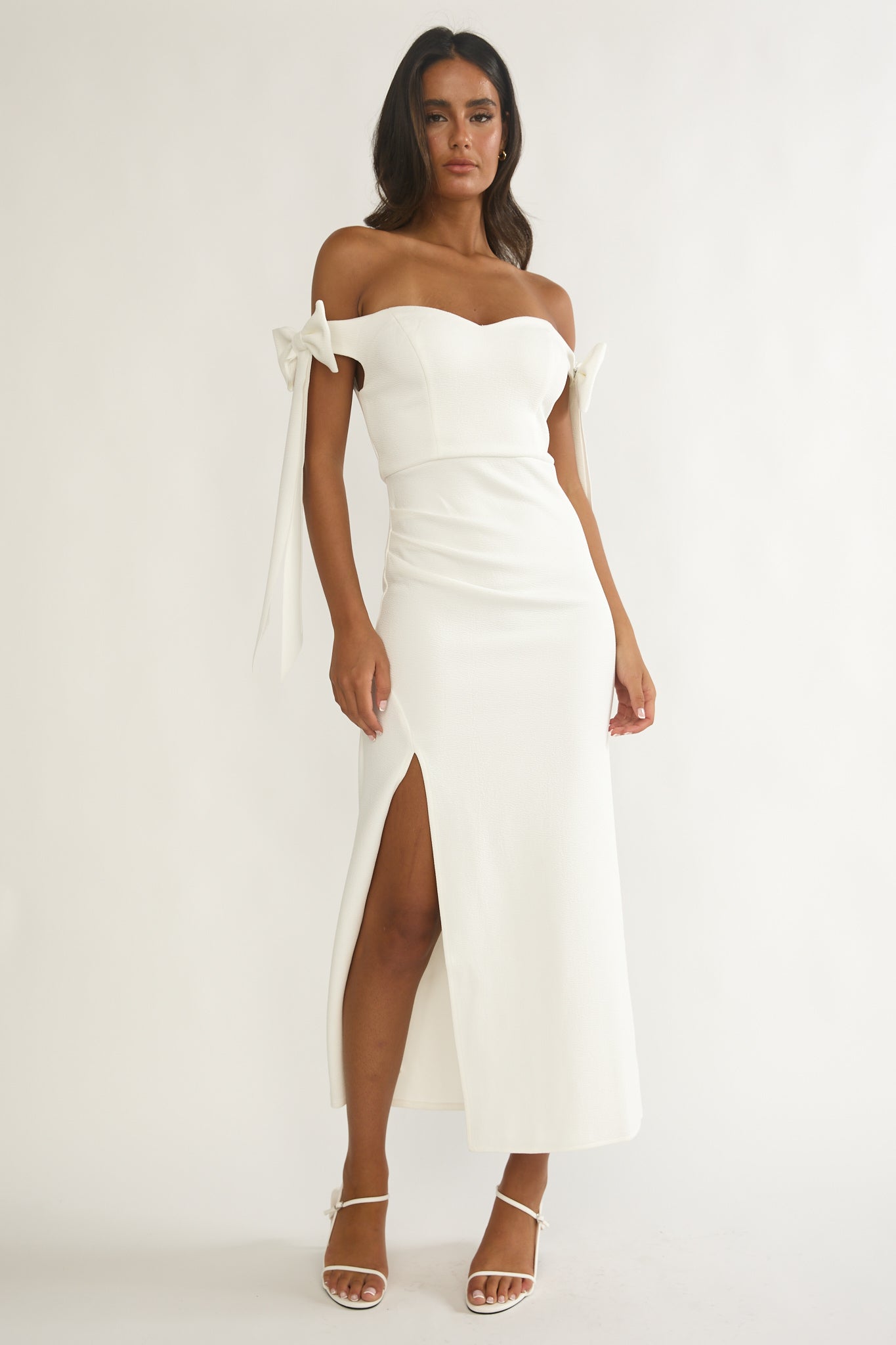 Have Faith Off-Shoulder Bow Sleeve Maxi Dress White by Selfie Leslie Australia
