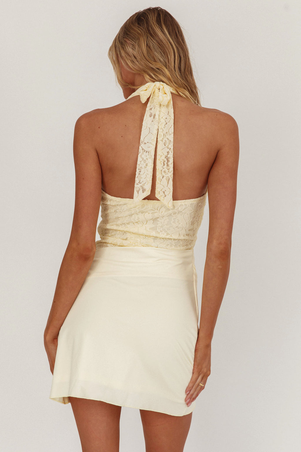 Summerland Lace Bodice Halter Mini Dress Butter by Selfie Leslie Australia