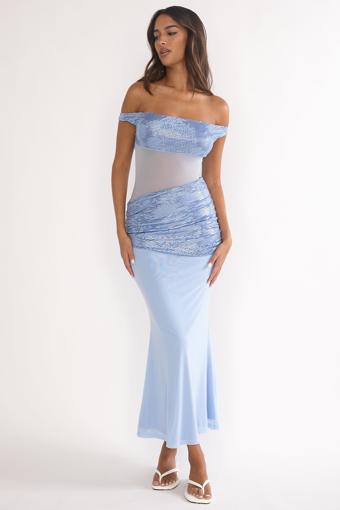 Bellora Off-Shoulder Sequin Trim Maxi Dress Blue by Selfie Leslie Australia