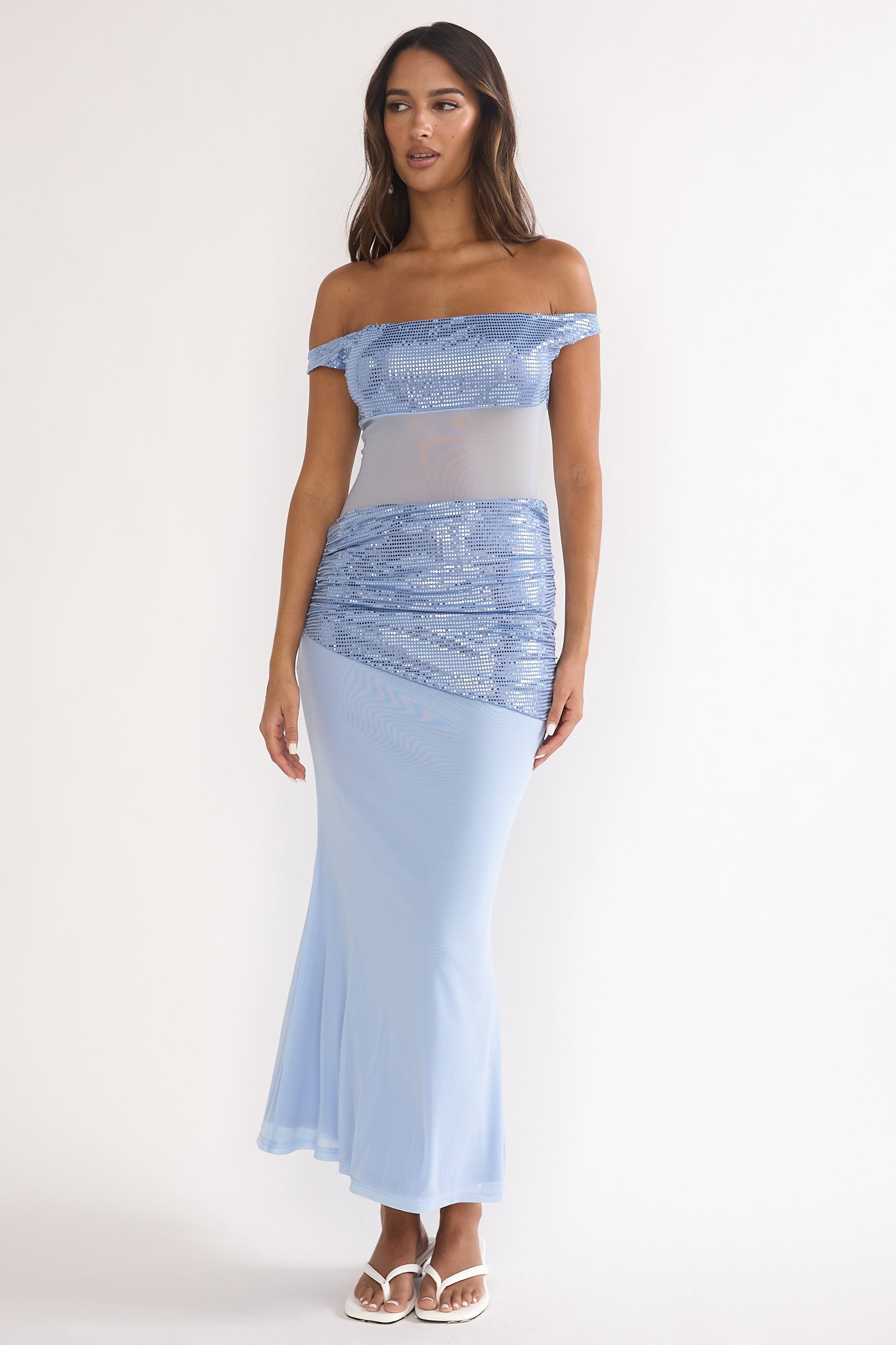 Bellora Off-Shoulder Sequin Trim Maxi Dress Blue by Selfie Leslie Australia