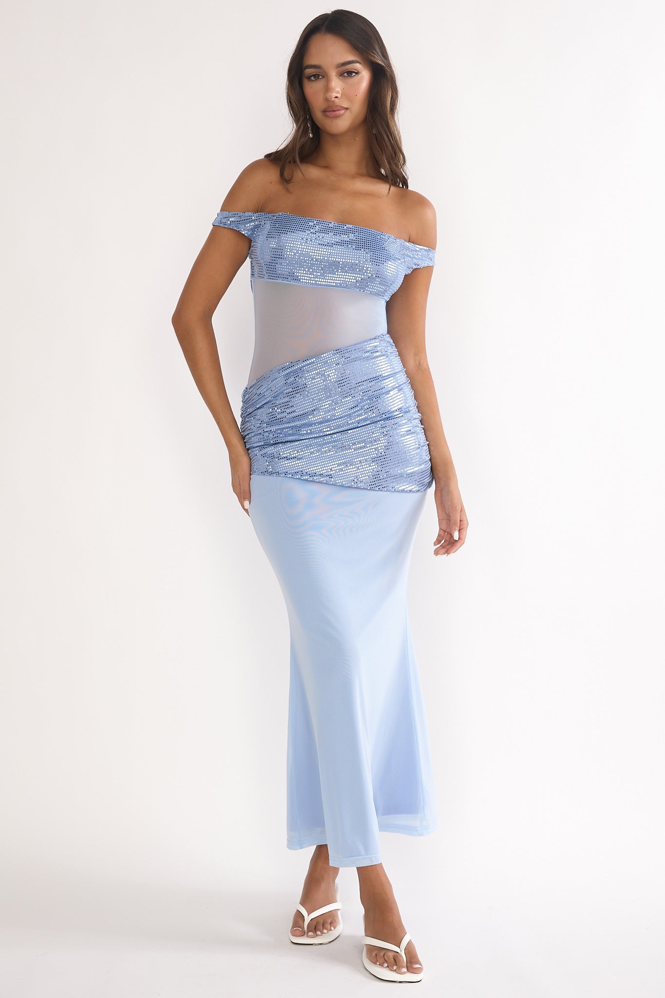 Bellora Off-Shoulder Sequin Trim Maxi Dress Blue by Selfie Leslie Australia