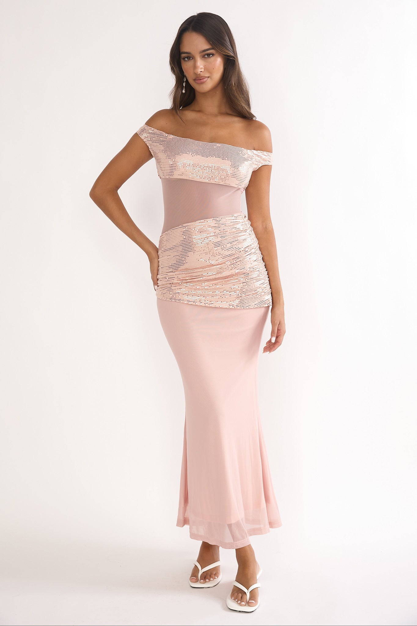 Bellora Off-Shoulder Sequin Trim Maxi Dress Nude by Selfie Leslie Australia